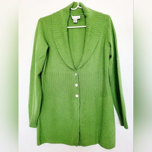 Presious Fibers Women 100%Cashmere Long Cardigan Pearl Buttons Green Small - Picture 9 of 11
